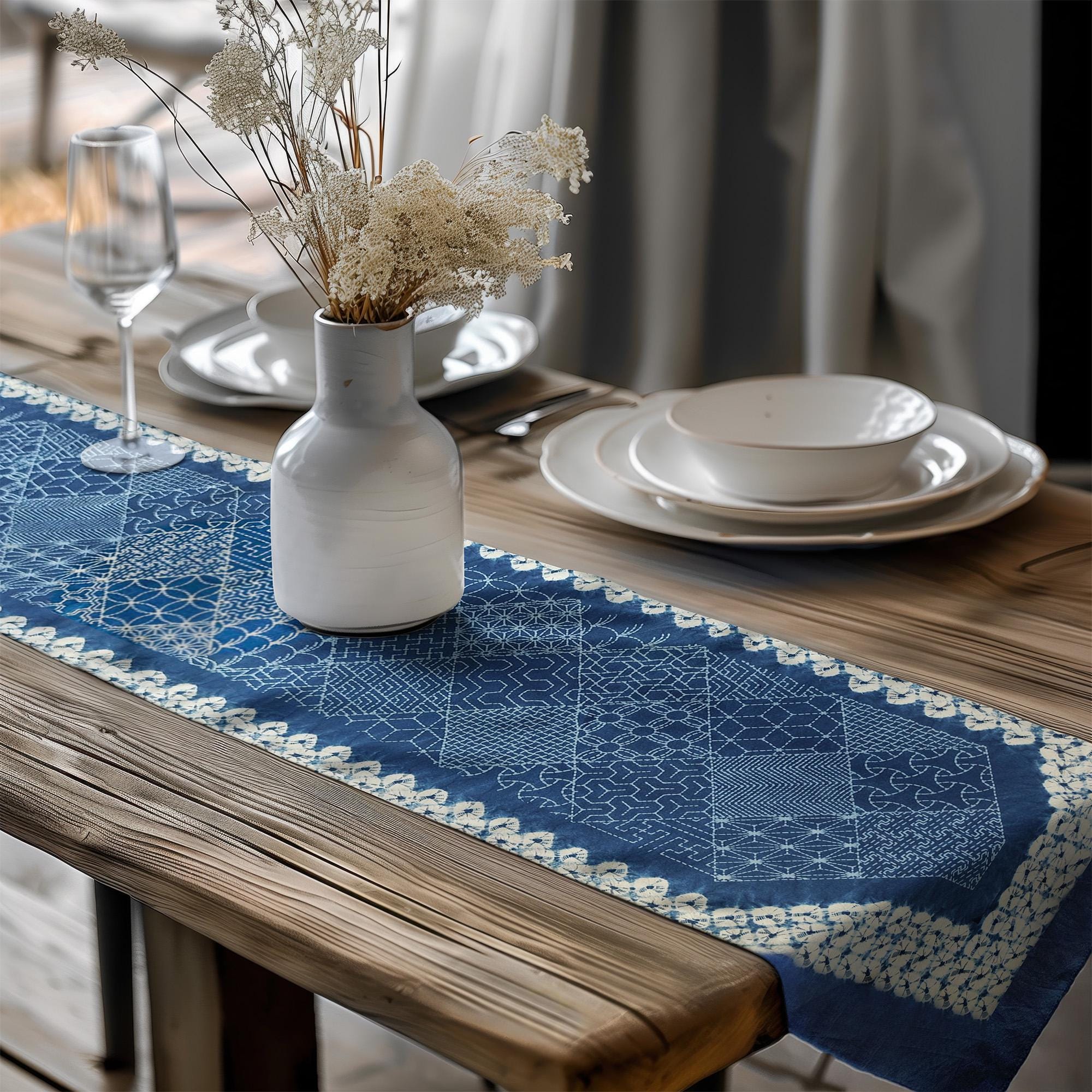 Runner da tavolo Sashiko con motivo a nappe, eleganti runner da tavolo blu - centrotavola moderno in stile rustico - decorazione per tavolo da pranzo