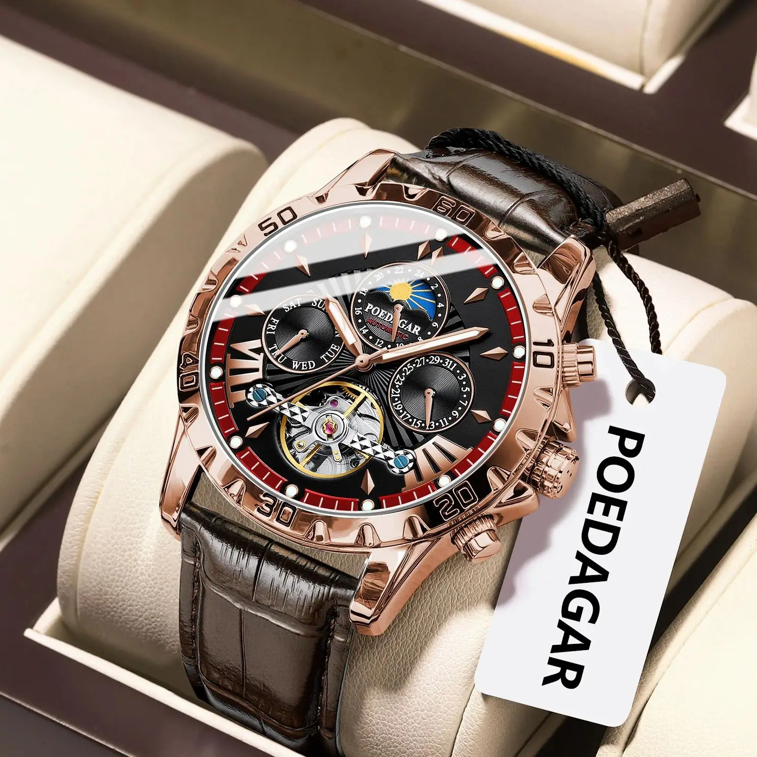 POEDAGAR Luxus Automatische Armbanduhr Wasserdicht Leucht Datum Woche Leder Männer Uhr Tourbillon Mechanische Mode herren Uhren Image