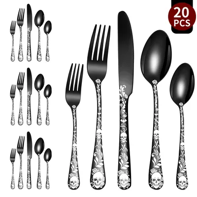 20-Piece Stainless Steel Cutlery Set with Laser Engraved Skull Pattern Gothic Silverware for Halloween, Party, Camping, Gift