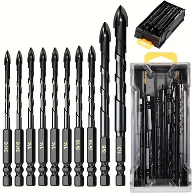 10 Pieces of Concrete Drill Bit Kit, suitable for Glass Plastic Wood Brick Tungsten Carbide Drill Hard Alloy Cross Drill Bits