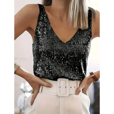 Plus Size 1XL-5XL Women Casual Solid Color Sequin Vest Tank Tops Ladies Loose Fashion Sleeveless Vest Tops for Women