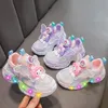 Freizeitschuhe für Kinder, Turnschuhe, LED-Licht, Cartoon, My Melody ​ PU-Leder für Mädchen, rutschfest, atmungsaktiv, rosa lilafarbene Schuhe, Größe 23–36