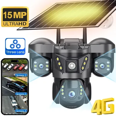 V380 Three Lens Solar Camera 4G Battery Outdoor House Surveillance Cameras 15MP Color Night Vision Security System Video Monitor