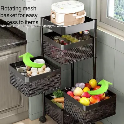 Kitchen Rotatable Organizer Movable Floor-standing Multilayer Storage Shelves Household Saving Space Vegetable Fruit Basket Trol