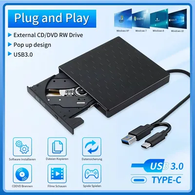 USB 3.0 Slim Type-C External DVD RW Drive CD Writer Burner Reader Player Optical Drives For Laptop PC DVD Burner DVD Portatil