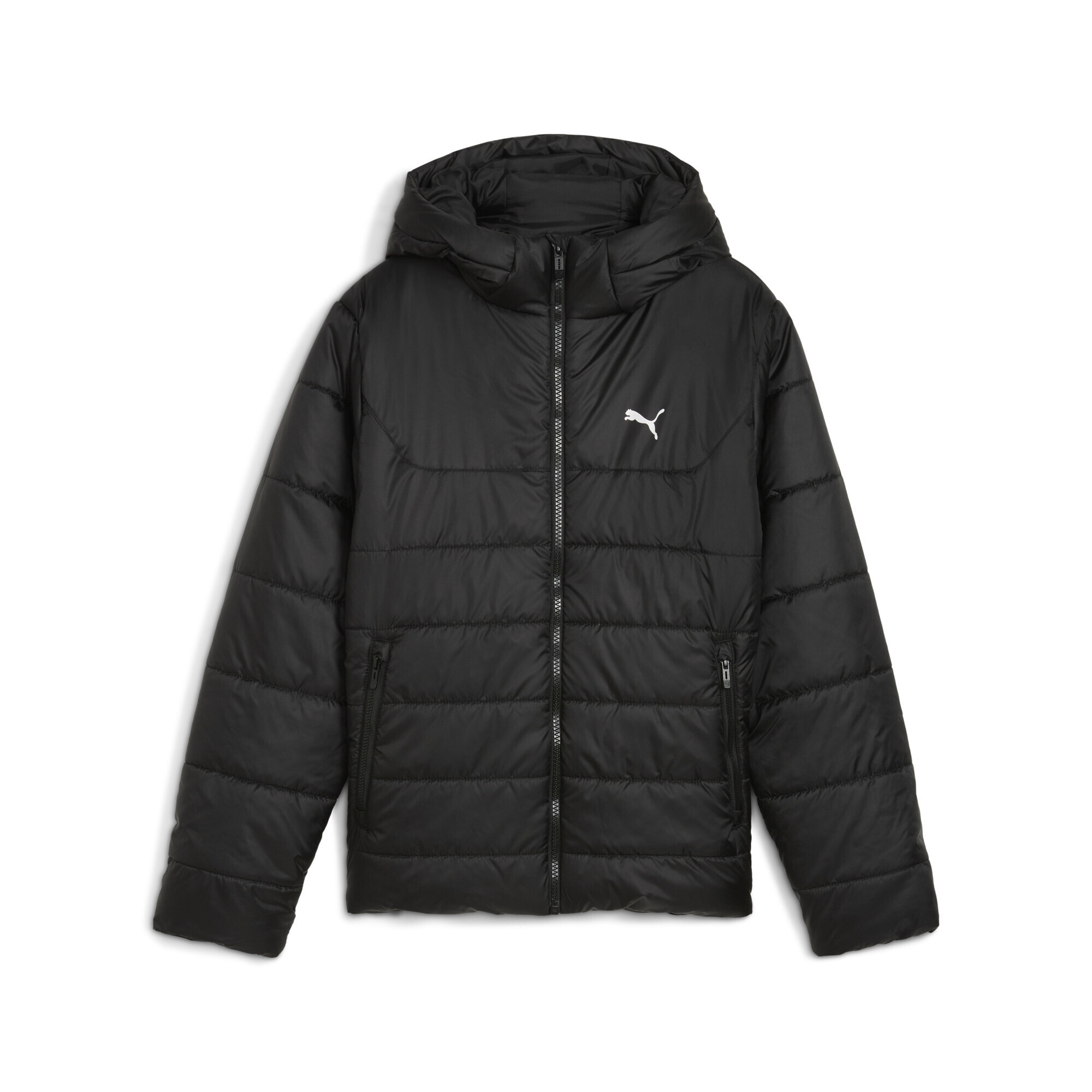 Winterjacke PUMA "Essentials Wattierte Kapuzenjacke Jugendliche", Kinder, Gr. 116, schwarz, Obermaterial: 100% Polyester; Futter: 100% Polyester; Füllung: 100% Polyester; Seitentasche – Unten: 100% Polyester, Jacken Image
