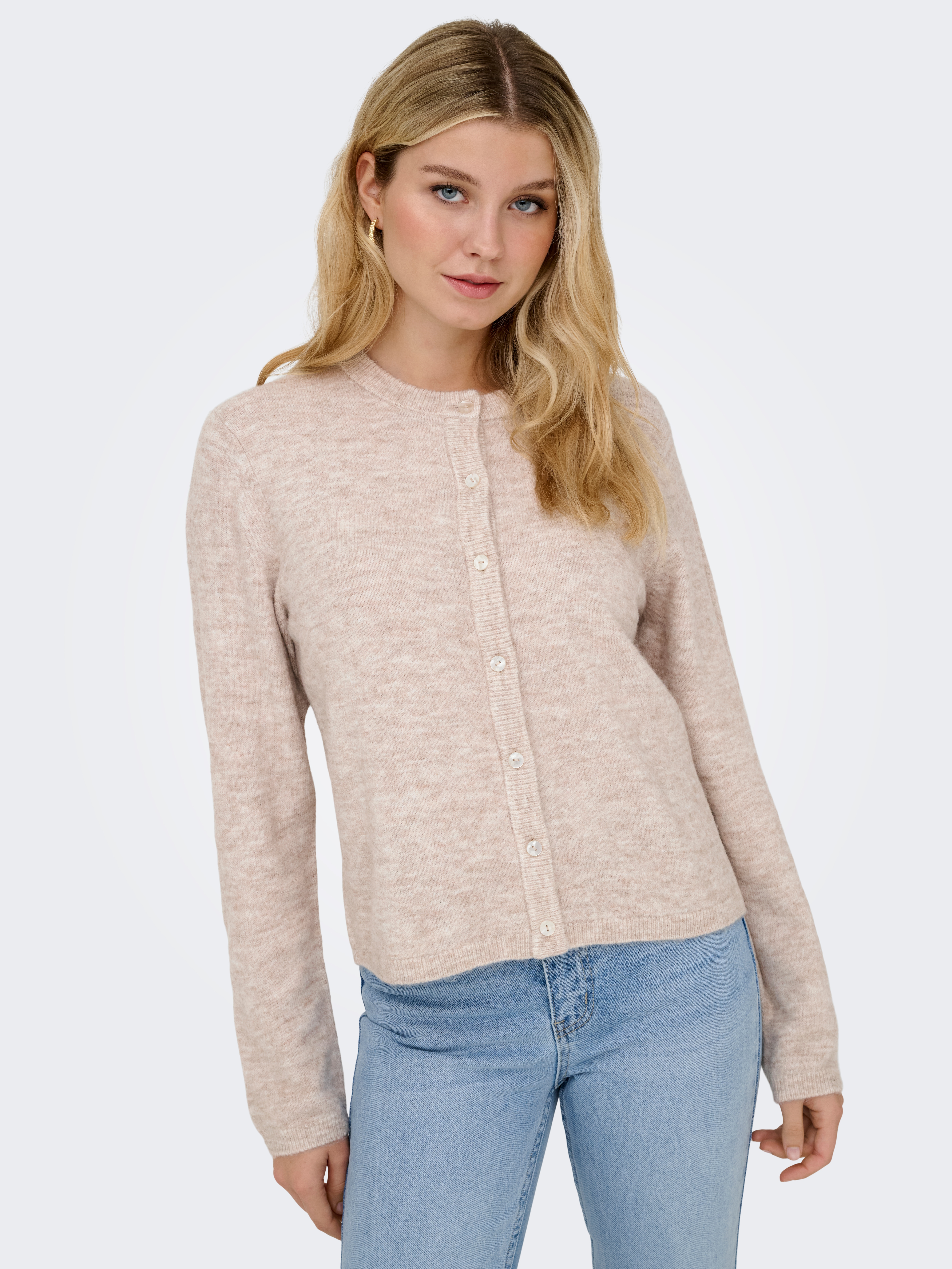 Strickjacke ONLY "ONLSIMONI L/S O-NECK CARDIGAN KNT NOOS", Damen, Gr. L, pumice stone detail:melange, Strick, Obermaterial: 74% Polyacryl, 24% Polyester, 2% Elasthan, meliert, relaxed fit hüftlang, Rundhals, Rippbündchen, Strickjacken Strickjacke,...
