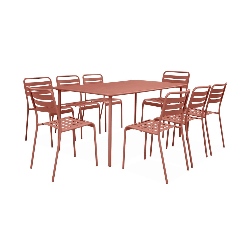 Set tavolo da giardino in acciaio con 8 sedie, 160cm, terracotta