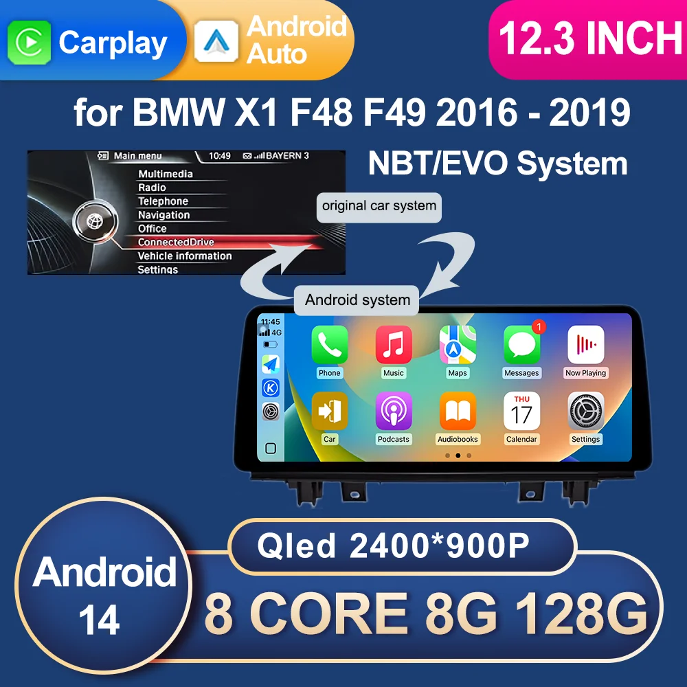 Auto-Radio-Multimedia-Player 12,3 Zoll für BMW X1 F48 F49 2016 2017 2018 2019 Android 16 NBT EVO System GPS Navigation Stereo 4G Image