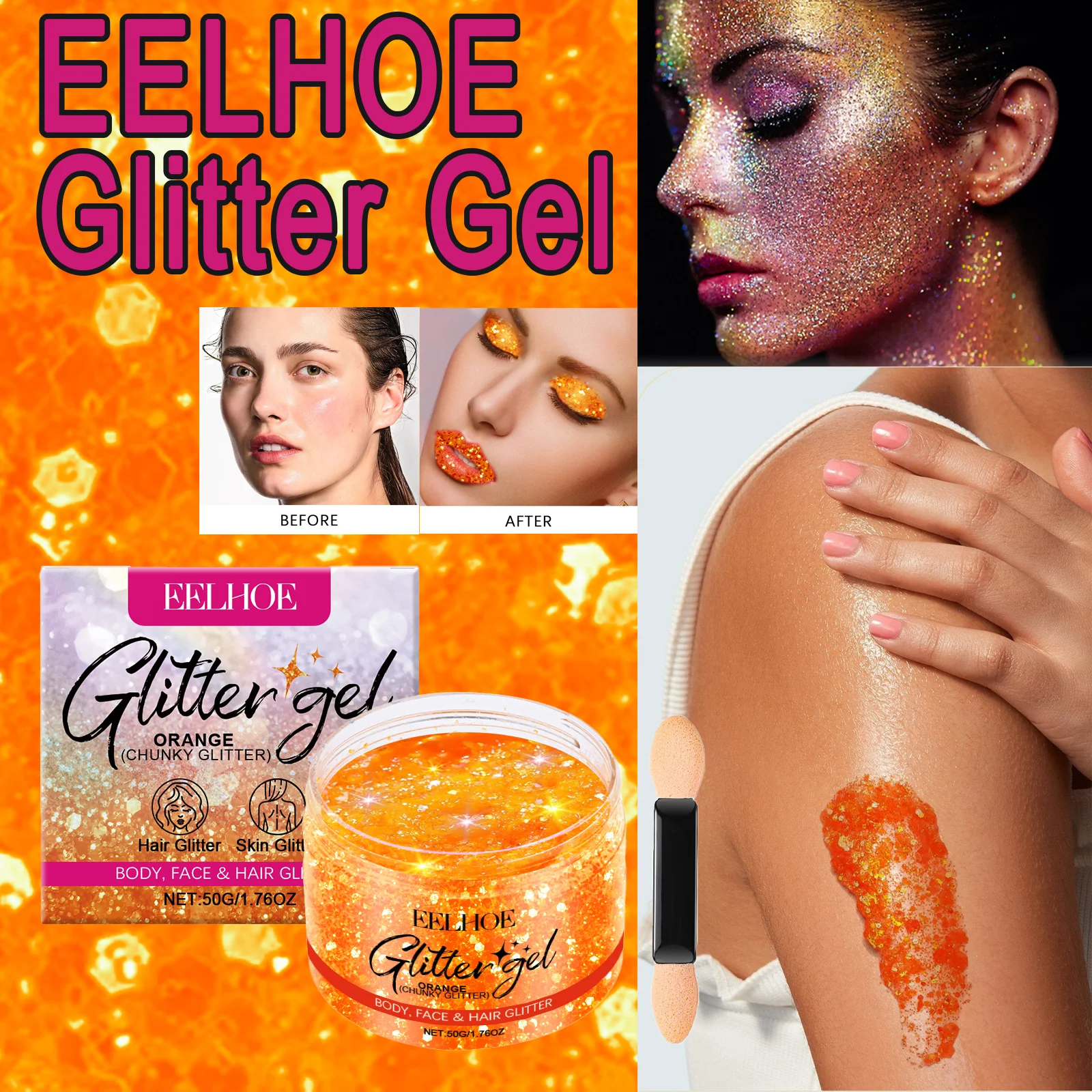 EELHOE Glitzer-Gel, leicht, nicht klebend, leicht zu waschen, langanhaltend, glänzend, verbessert den Charme für beide Hauthaare, Kostümparty Image