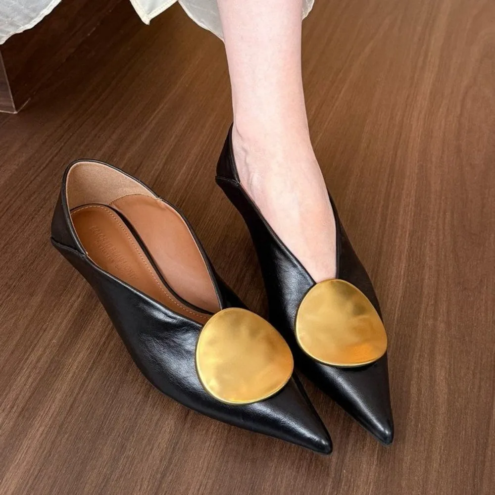 2025 herbst Neue Marke Frauen Pumpt Schuhe Mode Gold Metall Flach Slip auf Einzelnen Schuhe Dünne Niedrigen Ferse Kleid Pumpen