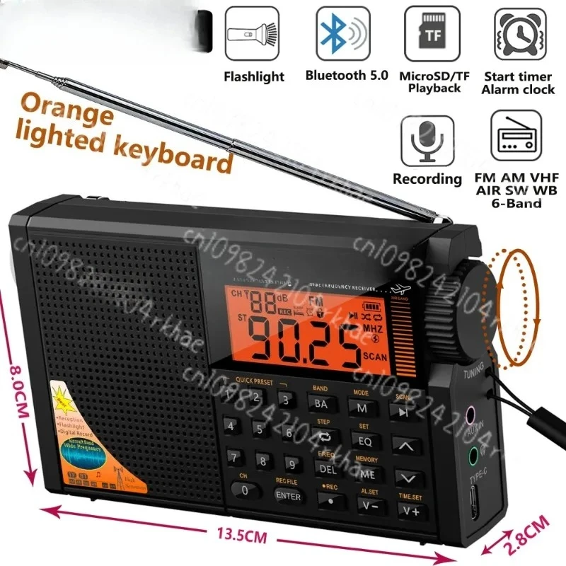 Aufnahmeradio AIR/VHF/AM/FM/SW/WB 6-Band, Bluetooth/TF-Karte/Taschenlampe multifunktional Image