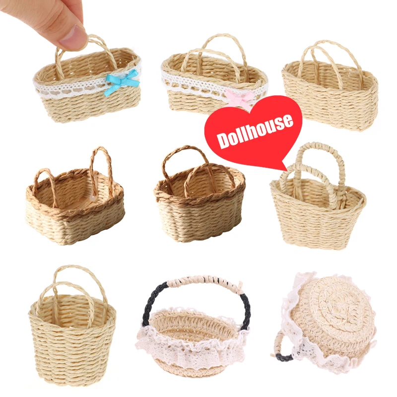 1Pcs Mini 1/12 Nette Puppenhaus Rattan Rahmen Hand-gewebt Gemüse Lebensmittel Lagerung Korb Puppen Miniatur Dekoration