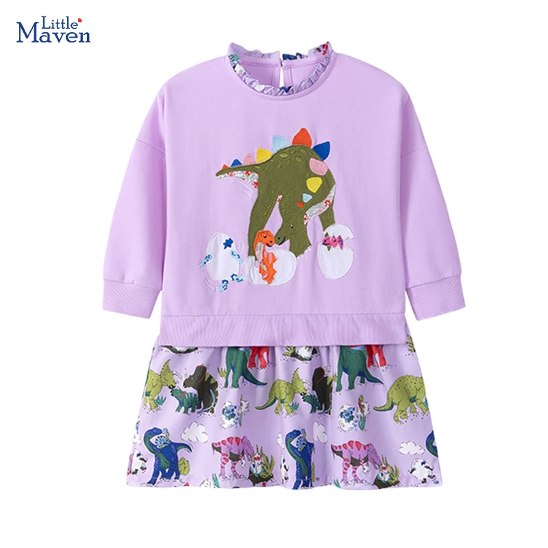 Little Maven Mädchen Kostüme Tier Dinosaurier Stickerei Baby Mädchen Party Kleid Herbst Frühling Kinder Kleidung Baumwolle Kleid für Kind Image