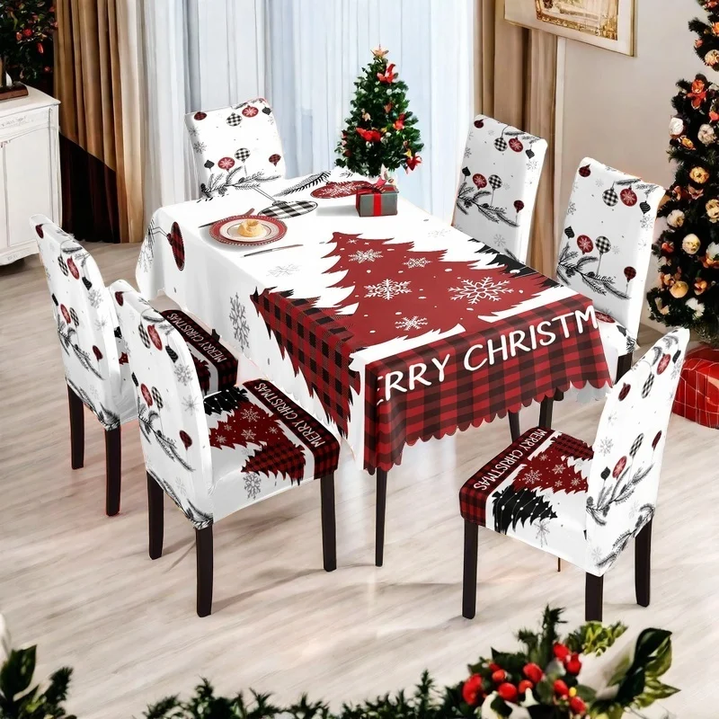 Weihnachtstisch- und Stuhlset, Weihnachtsbaum-Druck, Stretch-Spandex, waschbar, geeignet für die Heimdekoration von Restaurants, Hotels Image