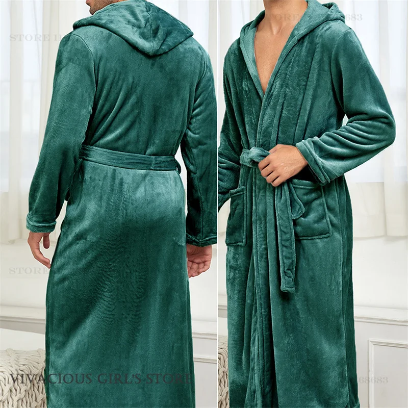 Flanne Herren Lange Robe Mit Kapuze Kimono Bademantel Kleid Homewear Herbst Winter Verdicken Warme Nachtwäsche Negligé Lose Lässige Nachtwäsche Image