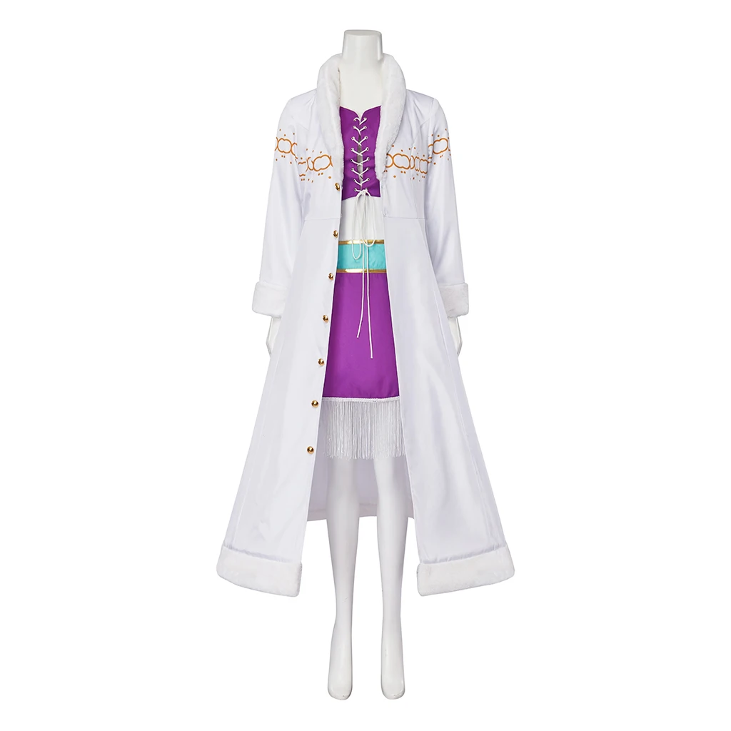 Anime Nico Robin Cosplay Kostüm Frauen Lila Top Röcke mit Pelz Kragen Weiß Mantel Outfits Halloween Karneval Party Uniform
