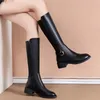 Schwarze Pu-Leder-Kniestiefel für Damenschuhe, Metallschnalle, Dekoration, neue Mode, Outdoor, lange Botas, Damenschuhe, Größe 34–41