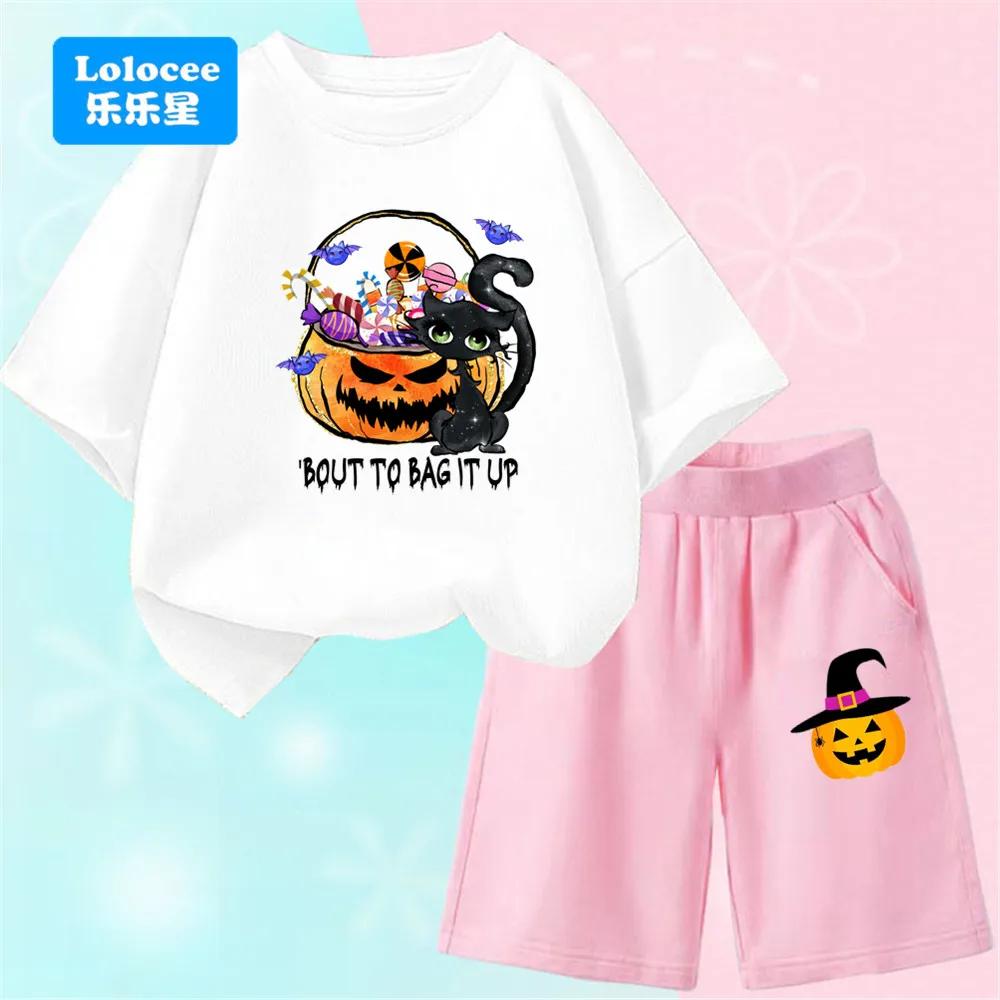 Halloween-Outfit-Set für Kinder, Cartoon-T-Shirt mit schwarzem Katzen- und Kürbis-Aufdruck + Shorts-Anzug, süßes zweiteiliges Festival-Set für Kinder WSJHL1 Image