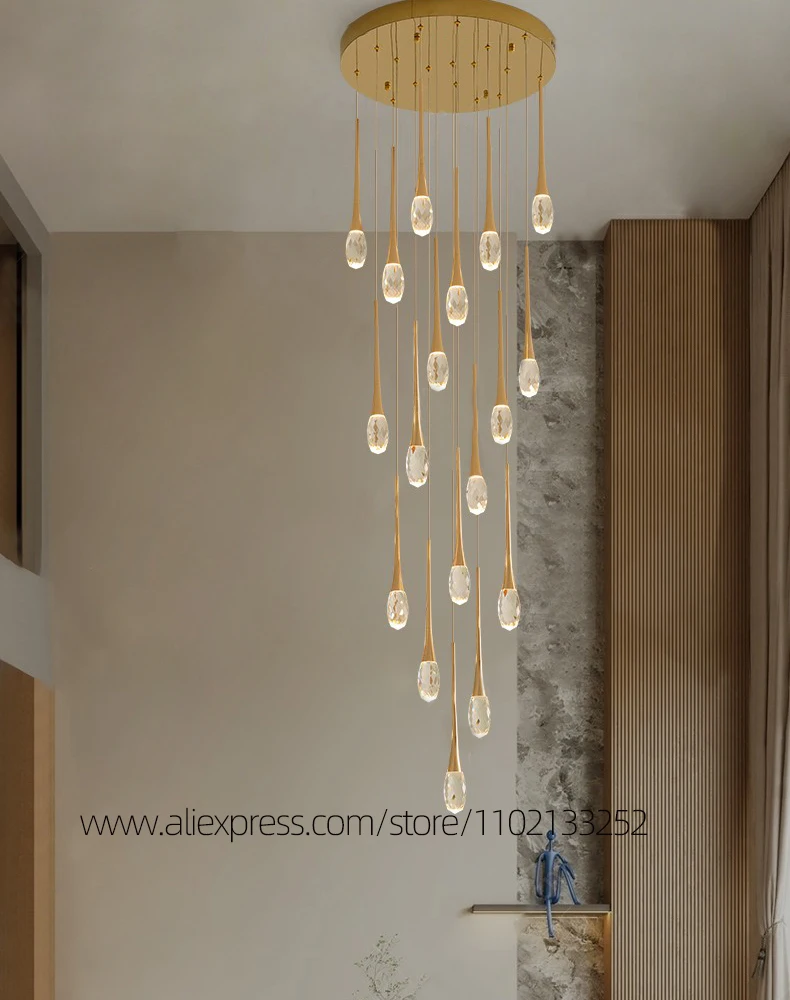 Lampadario a sospensione per scale in cristallo di lusso in stile nordico moderno, lampada a sospensione per soggiorno, lampadario a soffitto a LED per camera da letto