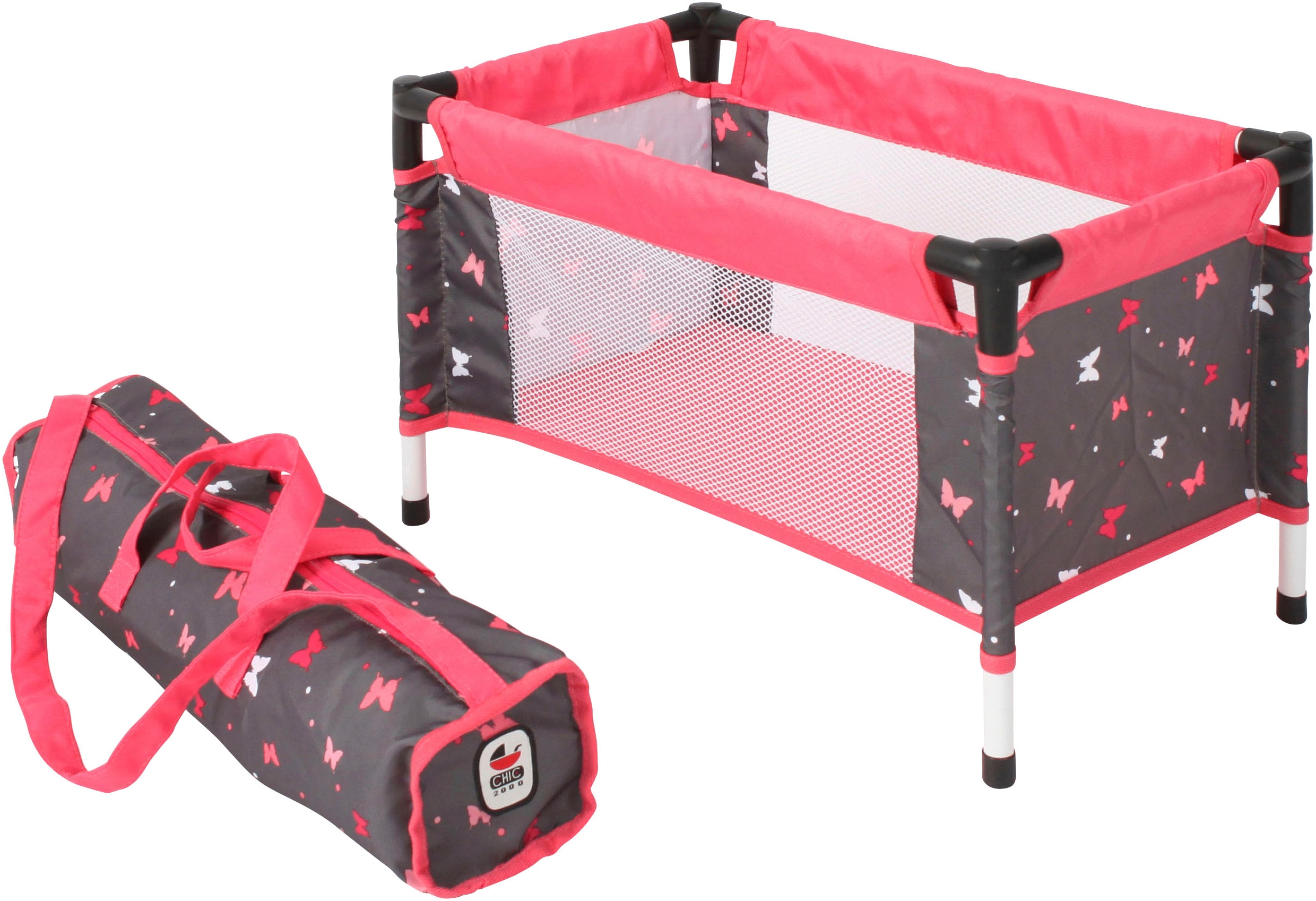 Puppenbett CHIC2000 "Puppen-Reisebett", bunt (butterfly koralle), Puppenmöbel, JungenB:31cm H:32cm T:54cm, Stahl, Stoff, mit Stoff-Tragetasche, B:31cm H:32cm T:54cm