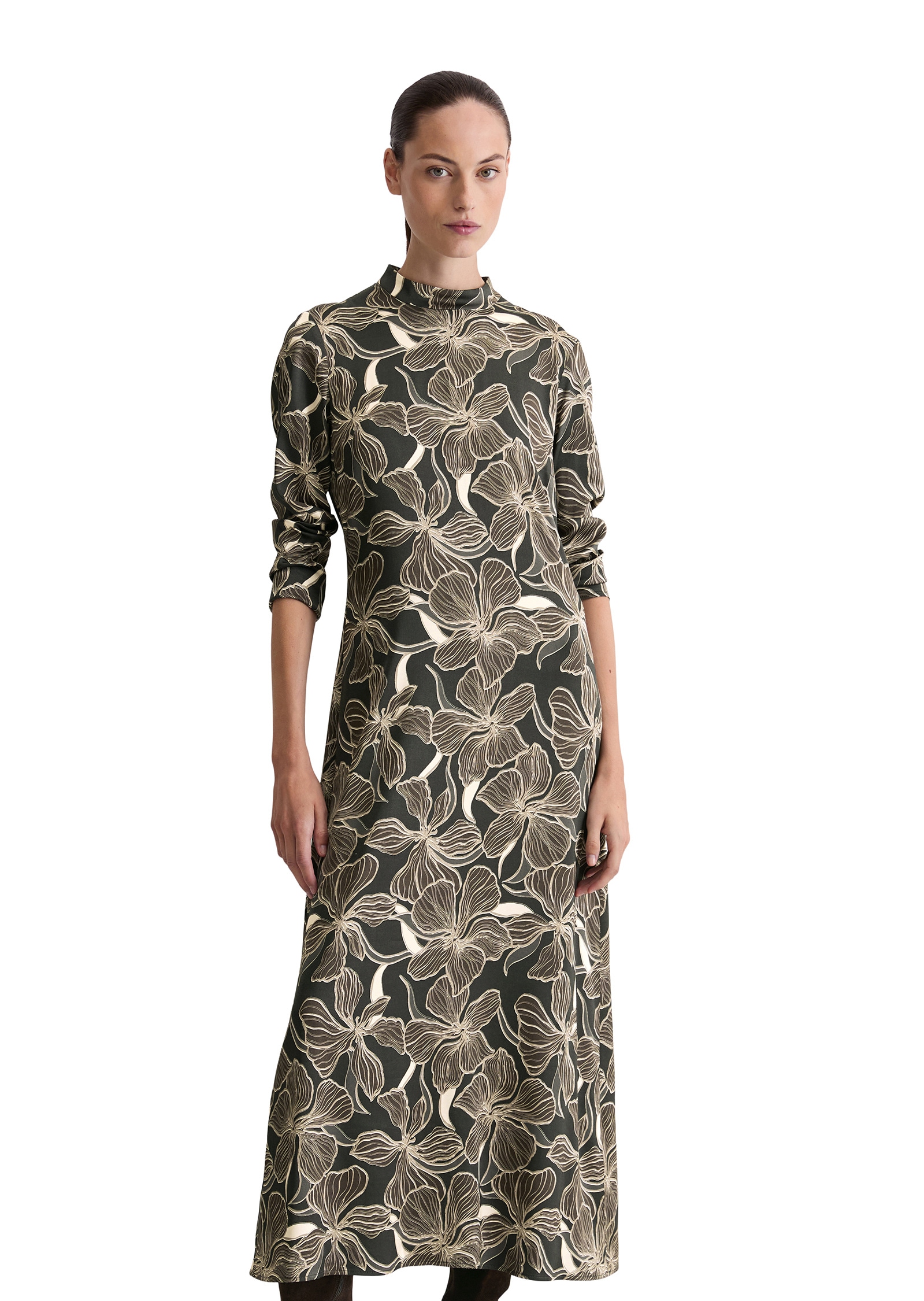 Druckkleid MARC O'POLO "aus Premium Viskose-Stretch", Damen, Gr. 42, Normalgrößen, schwarz braun, Obermaterial: 97% Viskose, 3% Elasthan, bedruckt, figurbetont wadenlang, normaler Saum, Kleider Druckkleid