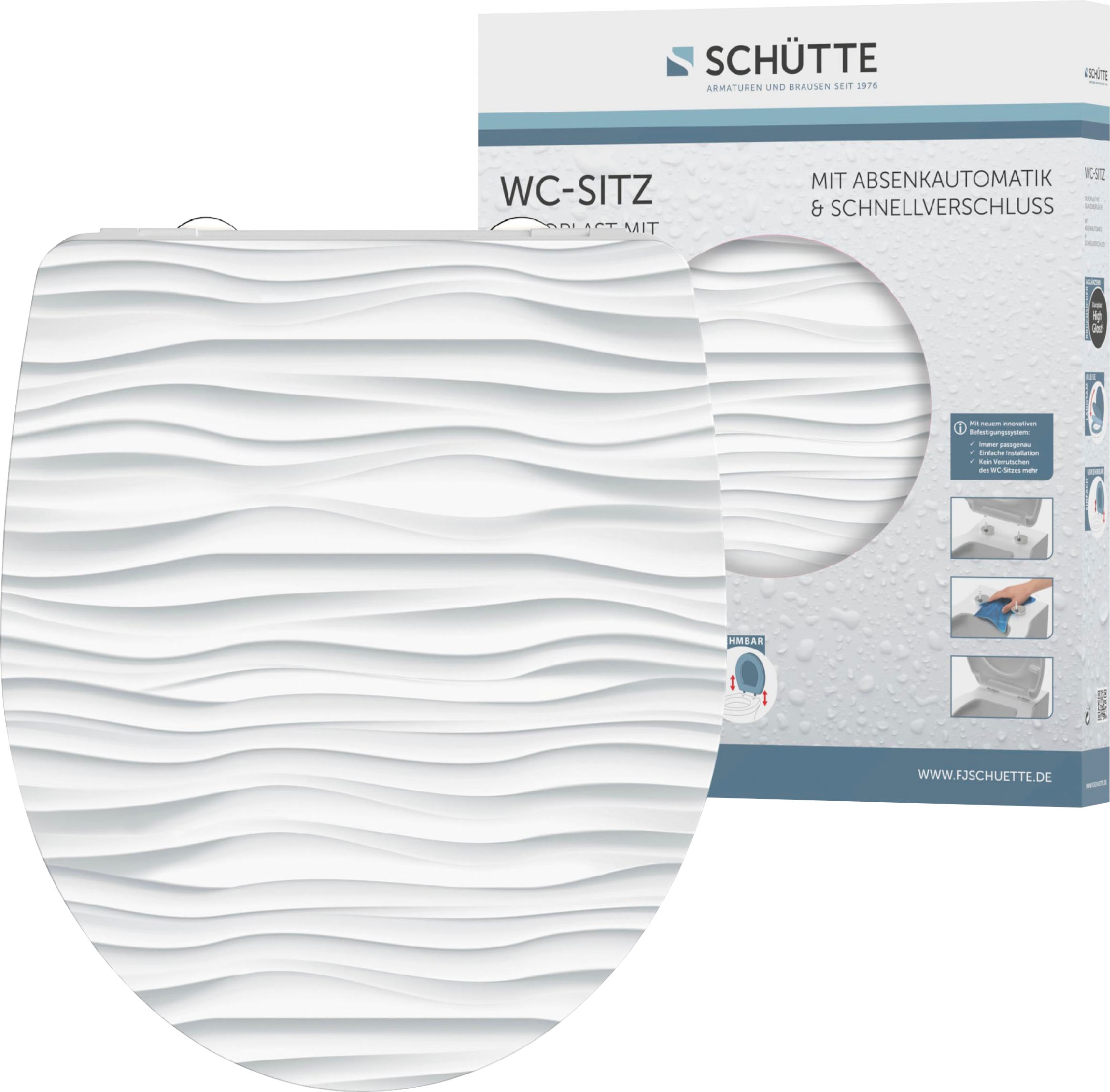 WC-Sitz SCHÜTTE "White Wave", weiß, B:374cm L:450cm, Duroplast, WC-Sitze, Duroplast, mit Absenkautomatik und Schnellverschluss, High Gloss