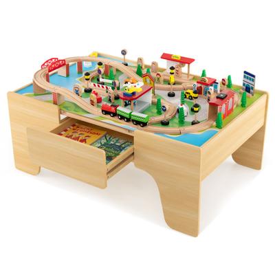 Costway 84-Piece Wooden Train and Activity Table with Reversible Top for Learning and Play