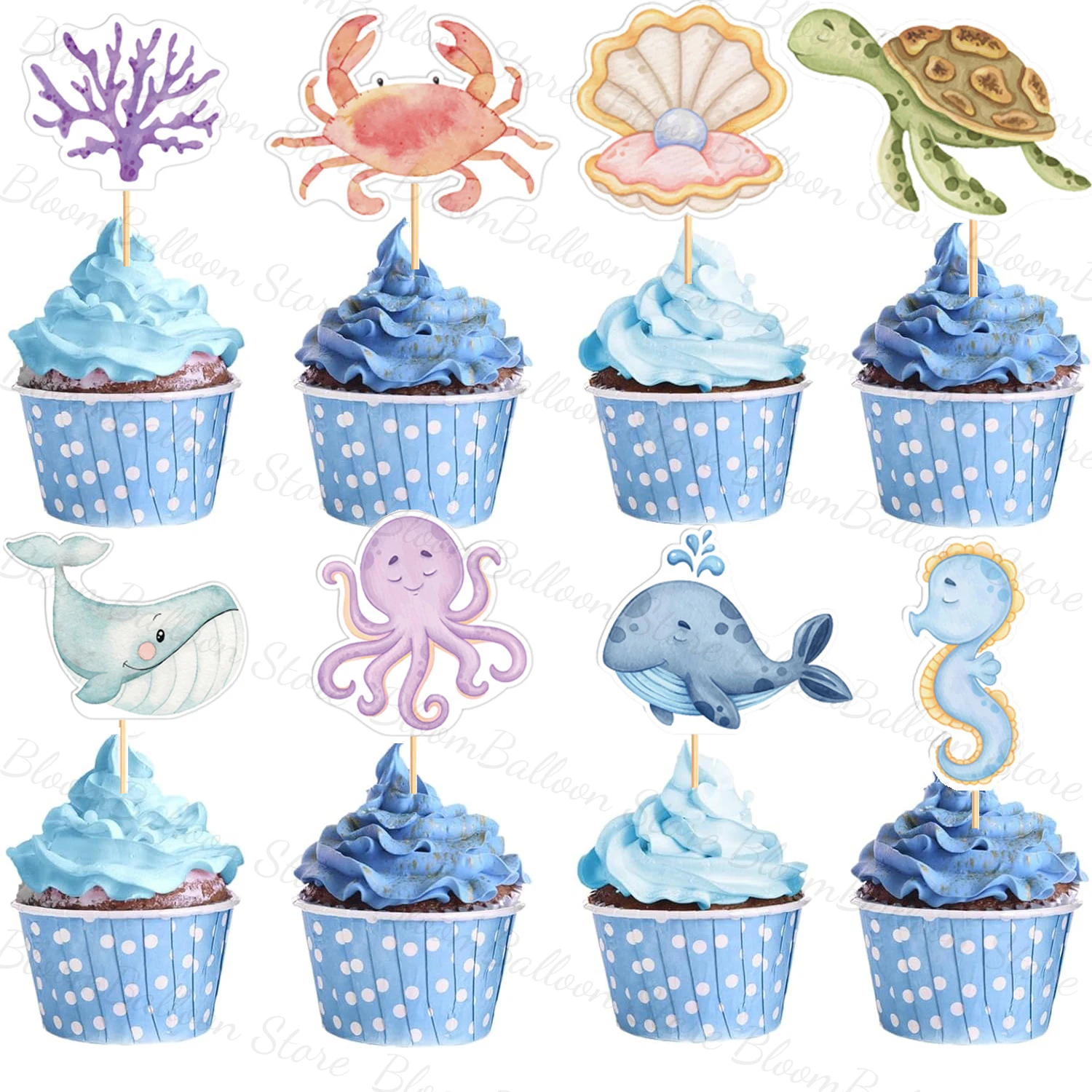 17 Stück Cupcake-Topper mit Meerestieren, Wal, Oktopus-Kuchenaufsatz für Geburtstag, Babyparty, unter dem Meer, Party-Dekoration Image