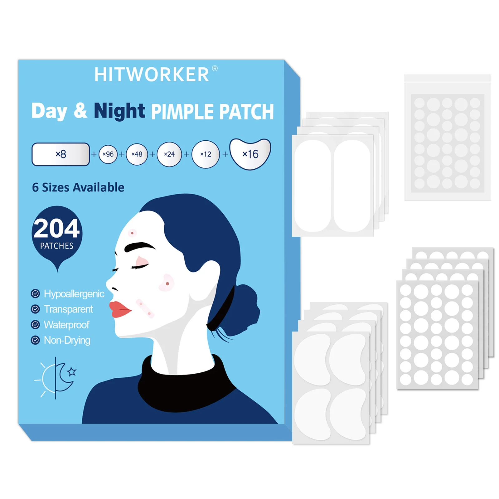 Ultradünne Hydrokolloidpflaster verbergen Akne, Narben und Poren. Staubdichte, atmungsaktive, Tag- und Nachtkleidung. Fördert eine schnellere Heilung Image