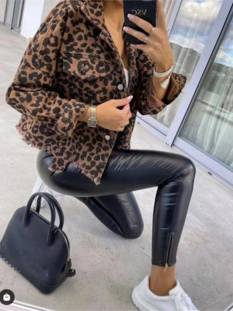 Neue Mode Leopard Print Quaste Saum Jacke Frauen Casual Oberbekleidung Weibliche 2025, Herbst Revers einreiher Strickjacke Denim Mantel