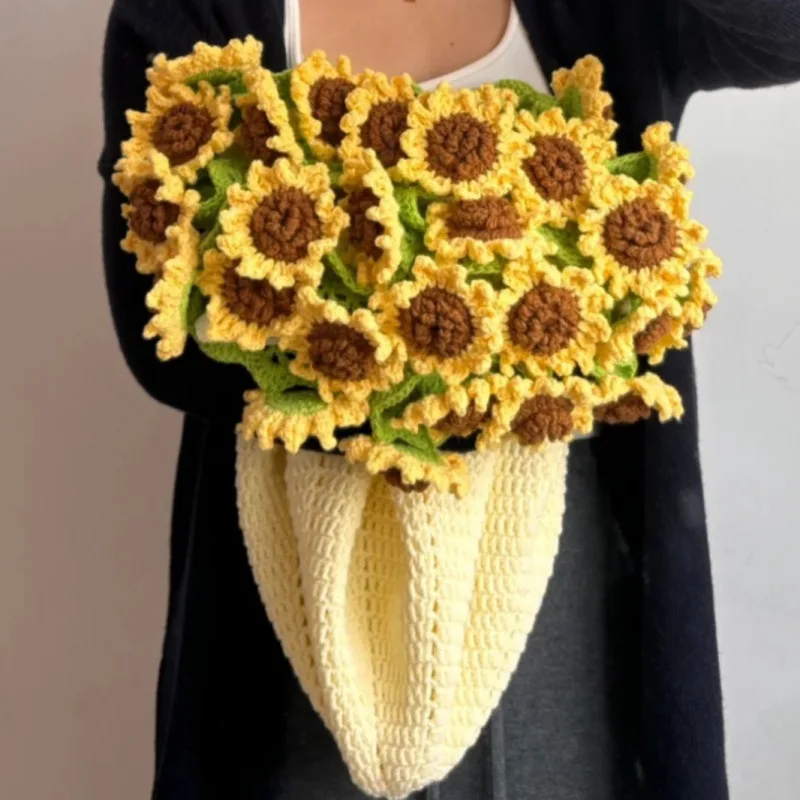 Neue 60 cm Handgemachte Häkeln Sonnenblumen Decke Bouquet Kreative Diy Garn Blumenstrauß Wohnkultur Geschenk Für Freunde Decken geschenke Image