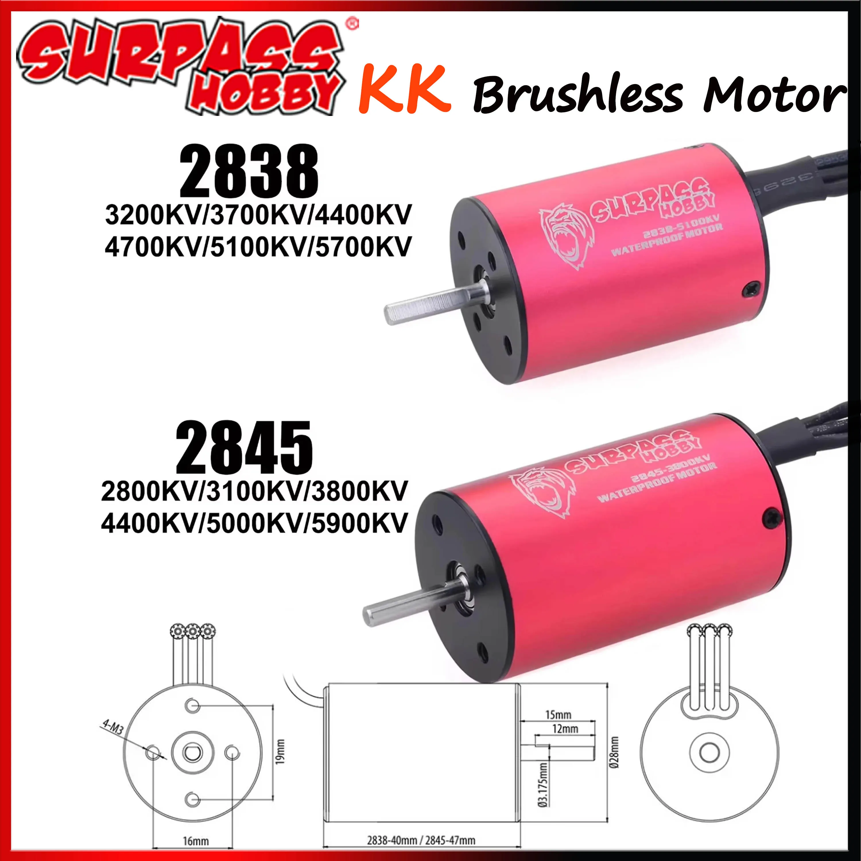 SURPASS HOBBY KK 2838 2845 Wasserdichter bürstenloser Motor 3,175 mm Welle für 1/12 1/14 1/16 1/18 RC Auto Off-Road MJX HYPER Wtloys