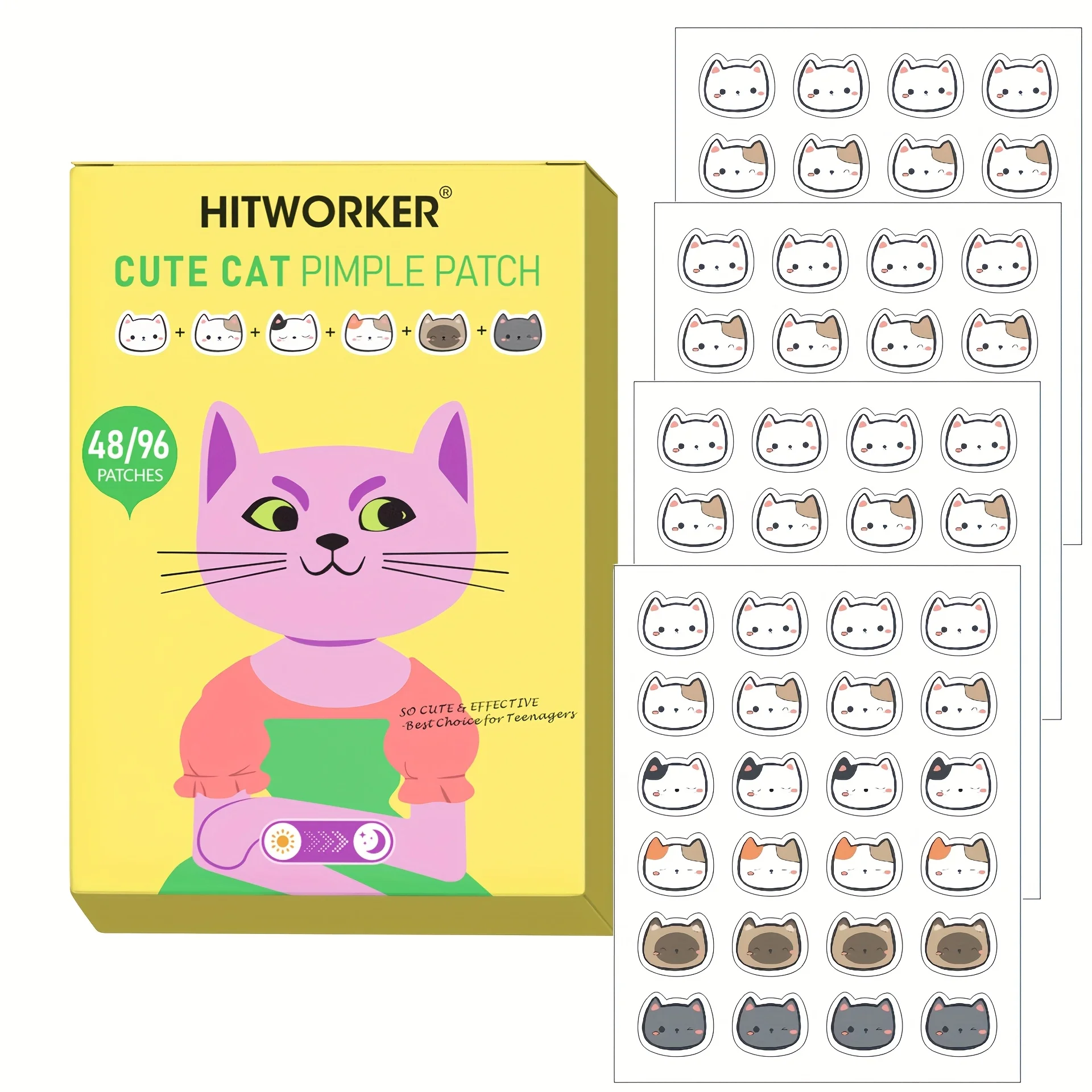 96 Stück süße Katzen-Akne-Pflaster, bezaubernde Gesichts-Makel-Punkt-Abdeckung für die Hautpflege, gelbe Box Image