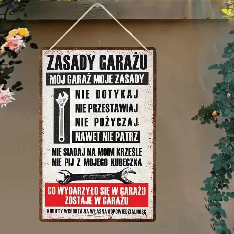 , Vintage-Wandschild aus Metall – rustikales Garagenregeln-Schild aus Eisen mit polnischem Text und Schraubenschlüssel-Grafik, berührungslos/berrünend/lünder Image