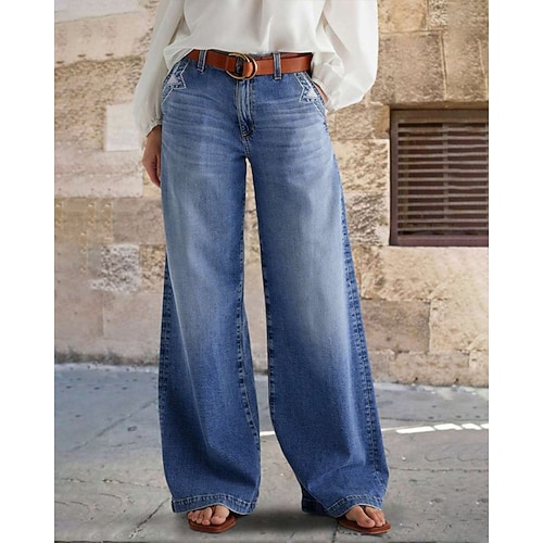 Per donna Jeans Gamba larga Moda Streetwear Casual Lunghezza intera Vita media Semplice Tasca Confortevole Micro-elastico Quotidiano All'aperto Vacanza Blu Primavera Autunno Vestibilità comoda