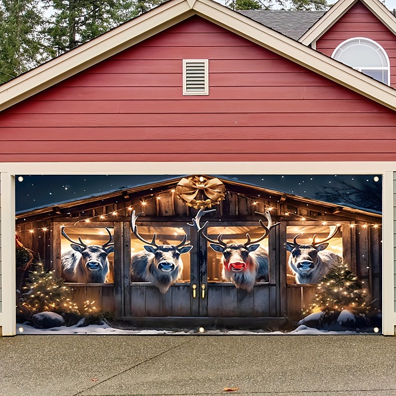 Christmas Outdoor Garage Door Cover Santas Home Gingerbread House Reindeer Snowman Gift Boxes Christmas Wreath Large Tapestry Backdrop Decoration For Holiday Outdoor Garage Door Home Wall Decorations