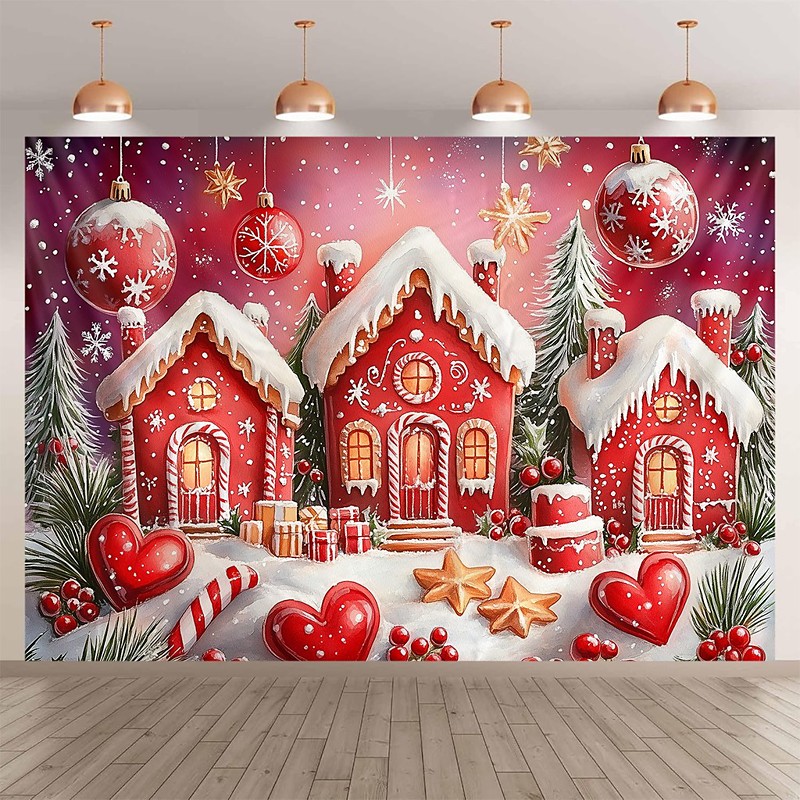 Chrismas Hanging Tapestry Red Gingerbread House Large Wall Art Mural Decor Blanket Curtain Holiday Home Bedroom Living Room Festive Party Decoration Christmas Seasonal Backdrop