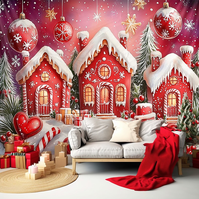 Chrismas Hanging Tapestry Red Gingerbread House Large Wall Art Mural Decor Blanket Curtain Holiday Home Bedroom Living Room Festive Party Decoration Christmas Seasonal Backdrop