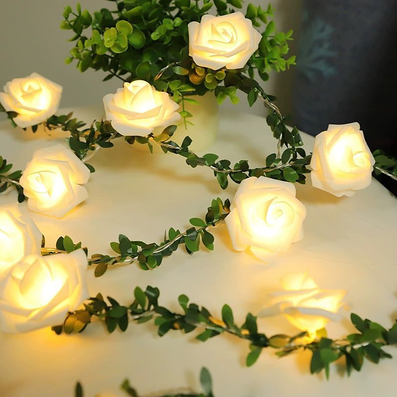Green Leaf Rose LED Fairytale String Lights 6m 40LEDs Mushroom Garland Lights Battery Powered Home Balcony Garden Porch Window Holiday Wedding Party Decoration