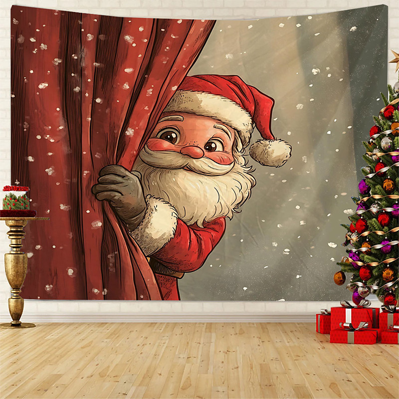 Chrismas Hanging Tapestry Santa Claus Peeking Christmas Tree Gingerbread House Ornament Balls Large Wall Art Mural Decor Blanket Curtain Holiday Home Bedroom Living Room Festive Party Decoration