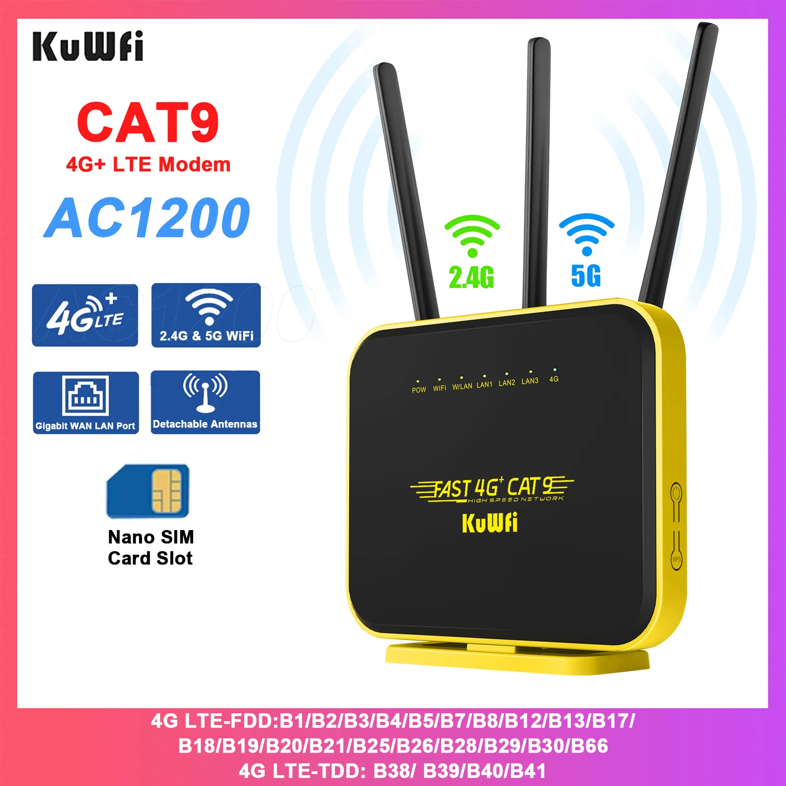 KuWFi CAT9 4G + routeur 1200Mbps 2.4G 5GHz routeur WiFi 4G LTE Modem Gigabit WAN Port LAN emplacement USIM répéteur AP antennes détachables