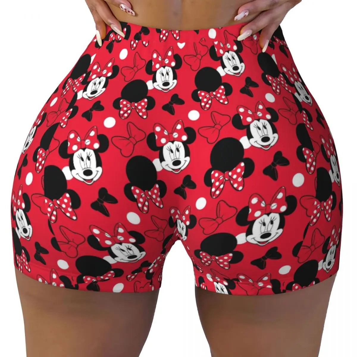 Custom Mickey Mouse Minnie Red Bow Gym Running Volleyball Shorts for Women Workout Yoga Shorts