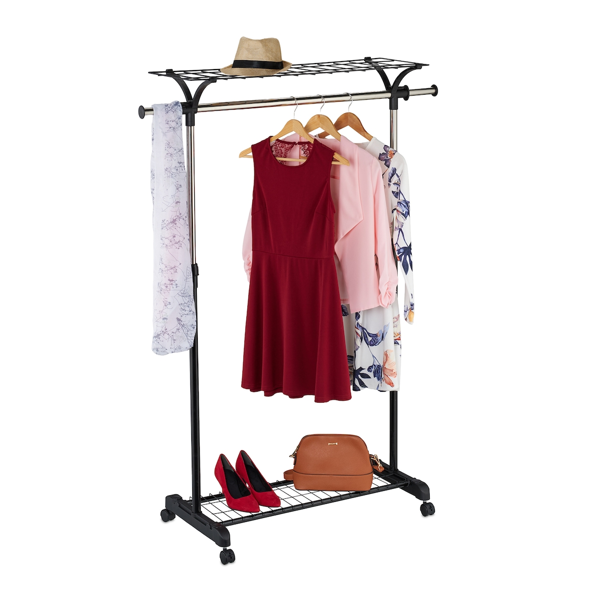 Relaxdays Kleiderständer rollbar, Garderobenwagen 2 Ablagen, flexible Höhe 110-170 cm, Breite 90-135 cm, silber/schwarz Image