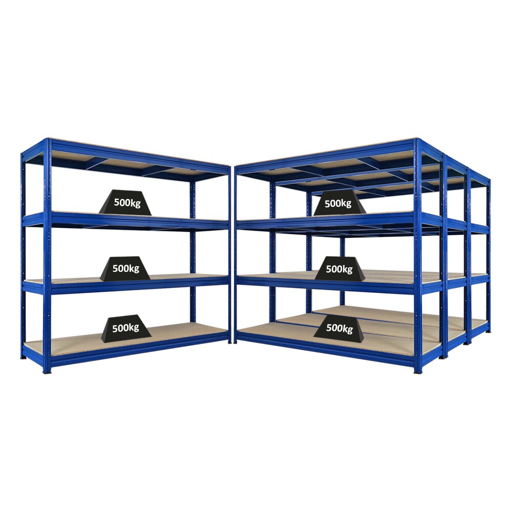 Proregal Mega Deal | 4x Schwerlastregal DINO | HxBxT 180x200x60cm | 4 Spanplatten-Ebenen 16mm | Fachlast 500kg | Blau Image