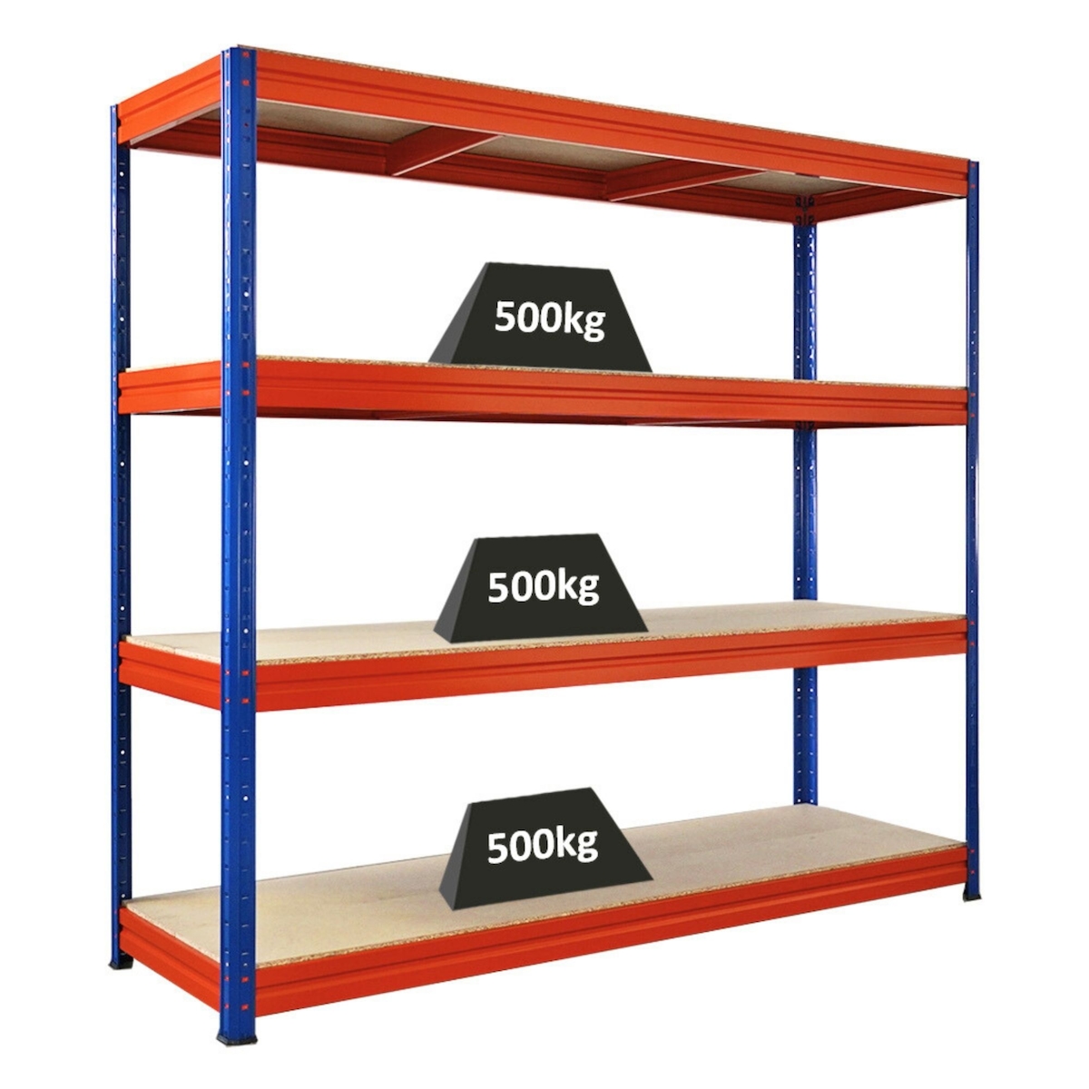 Proregal Schwerlastregal DINO | HxBxT 180x200x60cm | 4 Spanplatten-Ebenen 16mm | Fachlast 500kg | Blau/Orange Image