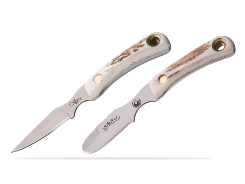 Knives of Alaska Muskrat/Cub Bear Combo Fixed Blade Knives 2.25in/2.75in Magnacut Stainless Steel Round Tip/Caping Blade Stag White/Brown 00107FG