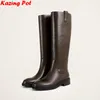 Luxus Plus Größe 34-46 Kuh Leder Runde Kappe Med Heels Lange Reitstiefel Slip Auf Winter Schuhe Retro Casual marke Kniehohe Stiefel