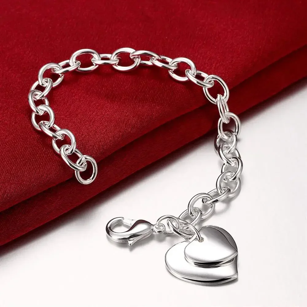 Beliebte Marken 925er Sterlingsilber Doppelherz-Kartenanhänger-Kettenarmband für Frauen, Hochzeit, Party, Weihnachtsgeschenke, Schmuck Image
