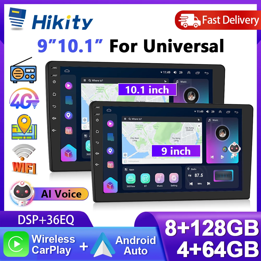 Hikity 8Core 8 + 128G Auto Radio 9''/10,1'' Auto Intelligente Multimedia DSP Carplay Android Auto AI Stimme WIFI 4G BT RDS Auto Stereo Image